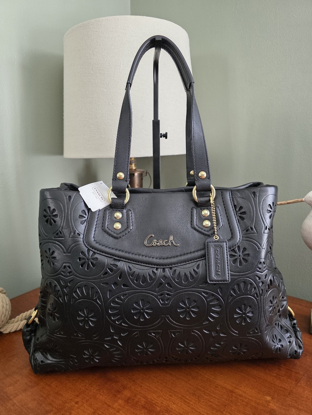 Coach F21833 Ashley Lace Carryall Black Cutout Leather Tote Bag NWT